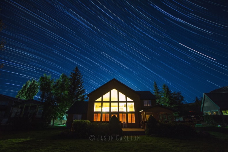 Star trail photo of cabin at Bear Lake